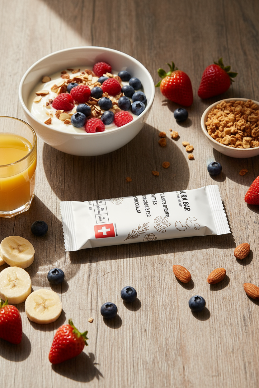 Breakfast scene with a bowl of cereal, berries, a glass of orange juice, and an "Aura" protein bar on a wooden surface.