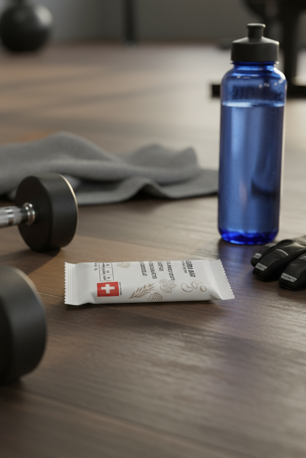 Blue water bottle, black dumbbells, and a white "Aura" protein bar on a wooden floor with gym equipment in the background